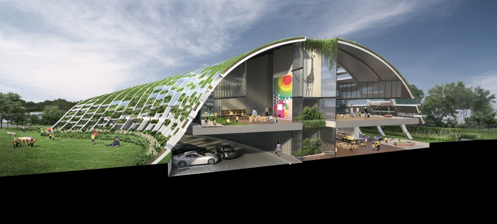 The new Skool4Kidz Campus @ Sengkang Riverside Park will be Singapore’s first large child care centre in a public park. It was conceptualized to seamlessly blend into the surrounding, giving a facade of a rolling-hill, as if the campus is rising from the park grounds.