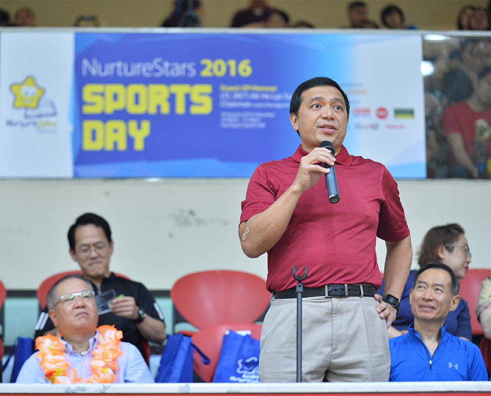 Guest-of-Honour Mr Ho Lye Sum, Chairman of the Joint Management Committee (JMC), giving a speech at NurtureStars’ Annual Sports Day